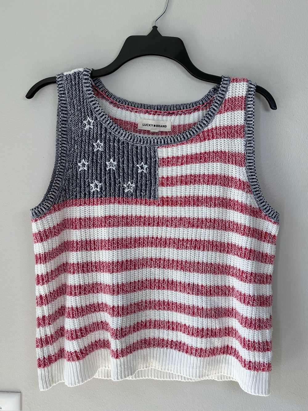 Lucky Brand American Flag Sleeveless Sweater Tank Vest Beach Knit Fisherman